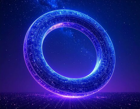 A glowing blue torus floats in space with starlight, detailed surface, & a purple hue