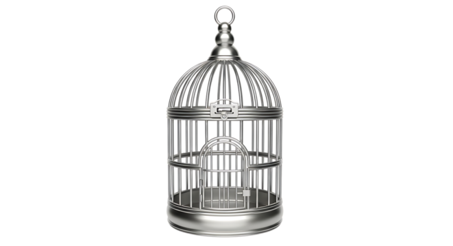 Ornate Silver Metal Birdcage, with hinged door and latch, isolated on white or transparent background. PNG