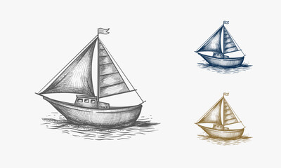 Sailing boat, fishing, sails, retro, sailor, floating,retro,realistic, marine, sketch,vector hand drawn illustration isolated