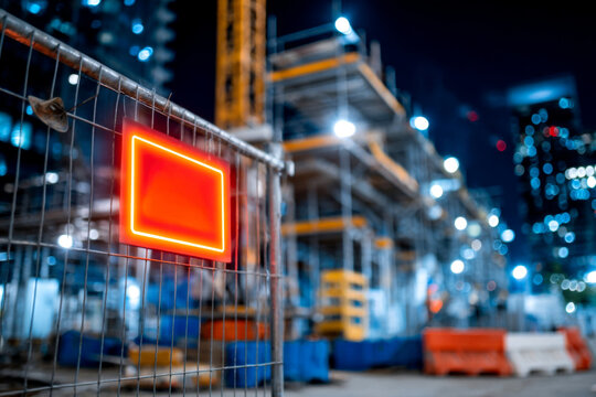 A brightly lit construction site at night with safety barriers and scaffolding, illuminated by surrounding city lights and a glowing red warning sign.
