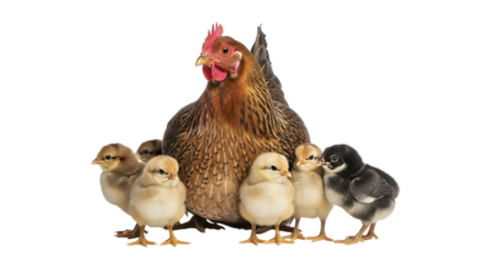 Mother hen, with fluffy chicks gathered around her, isolated on white or transparent background. PNG