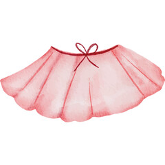 Delicate Watercolor Pink Tutu Skirt with Red Ribbon Bow Accent on White Background Isolated Adorable Ballet Clothing for Young Dancers