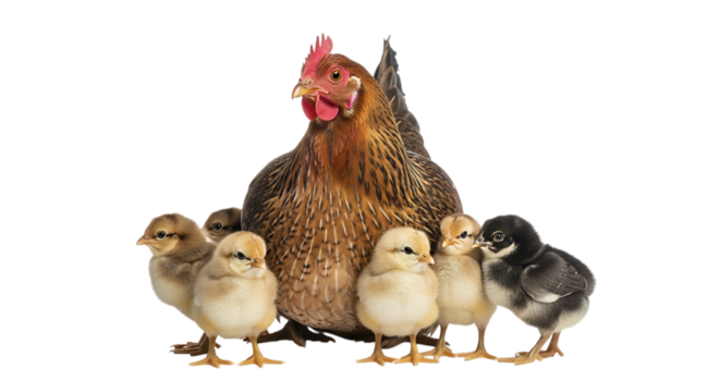 Mother hen, with fluffy chicks gathered around her, isolated on white or transparent background. PNG