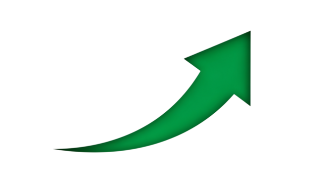 Green arrow, pointing upwards with a subtle gradient and white outline, isolated on white or transparent background. PNG