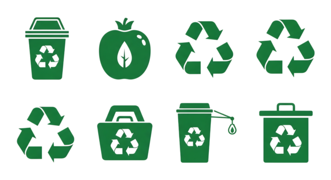 Green recycling symbols and eco friendly containers, on black, isolated on white or transparent background. PNG