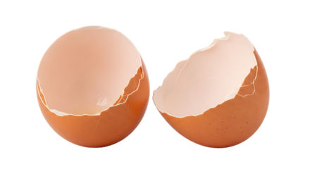 Two brown eggshell halves, with jagged edges and white interiors, isolated on white or transparent background. PNG