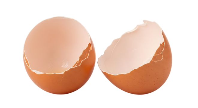 Two brown eggshell halves, with jagged edges and white interiors, isolated on white or transparent background. PNG