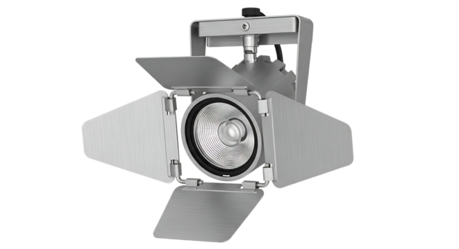 Brushed metal stage spotlight, with adjustable barn doors and textured reflector, isolated on white or transparent background. PNG