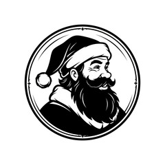 Santa Claus portrait in a circular frame with a jolly expression and beard.