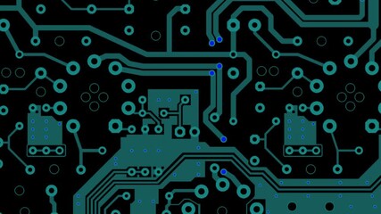 Video animation with printed circuit board of 
electronic device with conductors tracing, contact pads of radio elements on pcb. Engineering drawing. 
Computer technic cad design with animated effect.