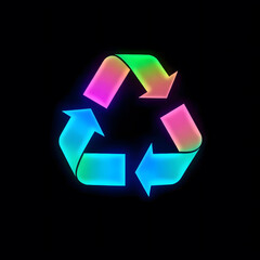 Fototapeta premium 3D recycling symbol glowing neon rainbow multicolor gradient black background environment conservation waste management