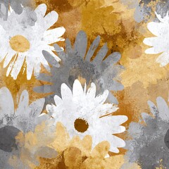 Fototapeta premium Seamless pattern with abstract daisy flowers in white, gray, and yellow on a textured background for textile or wallpaper design.