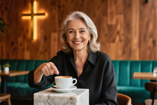 A smiling mature woman with gray hair sitting at a marble table in a cozy caf?, stirring her coffee cup while wearing a black shirt, with a wooden wall and illuminated cross in the background.