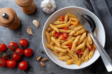 Enjoy a delicious bowl of penne pasta with roasted cherry tomatoes and garlic, seasoned with fresh herbs, perfect for a cozy dinner or healthy lunch option!