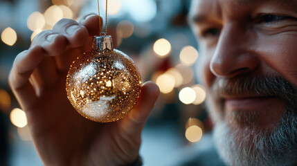 A thoughtful gentleman observes a shimmering golden ornament, reflecting the warm holiday spirit, capturing memories associated with Christmas and family traditions.