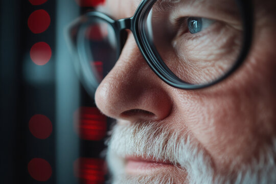 A close focus on the eyes of a man contemplating complex digital interfaces, symbolizing the thoughtful integration of technology into the enchanting world of the holidays.