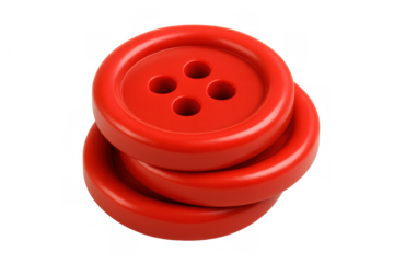 Stack of red sewing buttons, four holes, plastic fasteners for clothing and crafts, transparent background