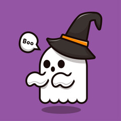 vector cute cartoon little ghost with witch hat
