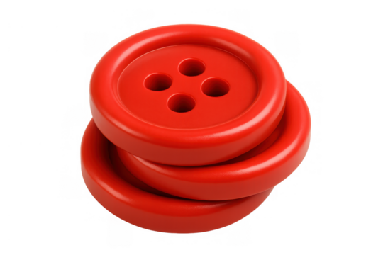 Stack of red sewing buttons, four holes, plastic fasteners for clothing and crafts, transparent background