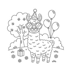 Obraz premium A line drawing of a llama wearing a party hat and sunglasses with balloons and a gift