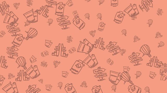 A whimsical seamless pattern of hand-drawn travel icons like hot air balloons, passports, planes, and snack bags