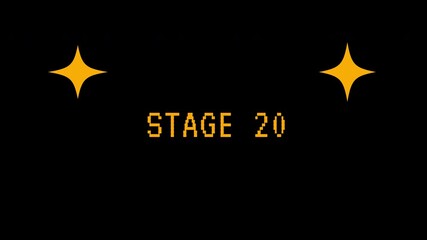 Retro pixel art game over screen displaying Stage 20 with glowing yellow stars. 4K video animation for video game - Powered by Adobe