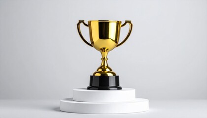 Shiny gold trophy displayed on a white podium, symbol of achievement and success on display
