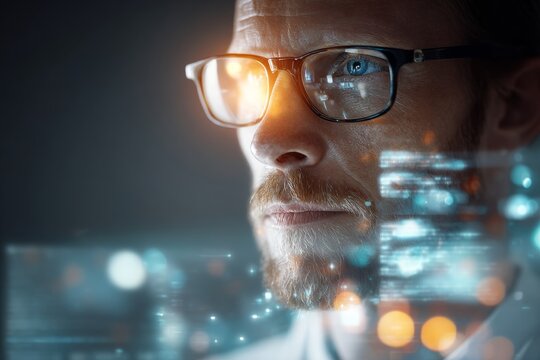 Genomic horizons: the fusion of science and technology in modern medicine. Business intelligence. A dive into advanced science: vivid depiction of genomic research and technology. Neon displays.