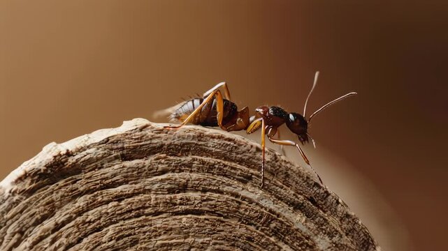 A detailed macro shot of a brown ant atop a weathered, wood-like surface