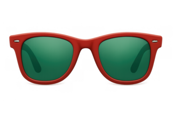Red wayfarer style sunglasses with green lenses providing summer fashion and uv protection, transparent background