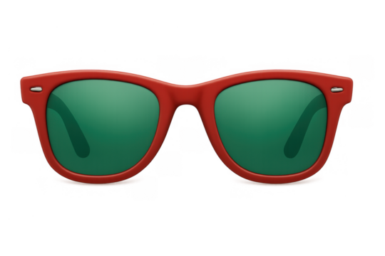 Red wayfarer style sunglasses with green lenses providing summer fashion and uv protection, transparent background