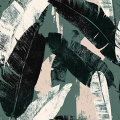 Fototapeta premium Seamless pattern with banana leave on a dark green background. Tropical botany elements for textile, wallpaper, and apparel. Leaf decoration for nature concept.