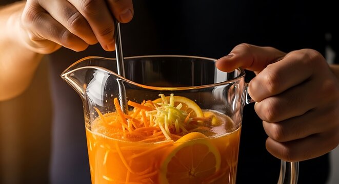 Refreshing citrus-carrot infused beverage preparation in a clear pitcher