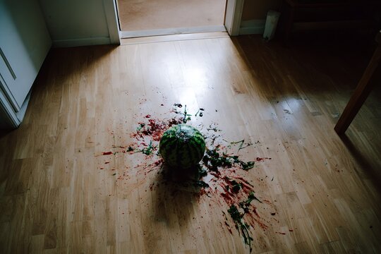 Dramatic watermelon explosion on wooden floor creates a vibrant, unexpected scene perfect for artistic expression or editorial use exploring destruction and chaos
