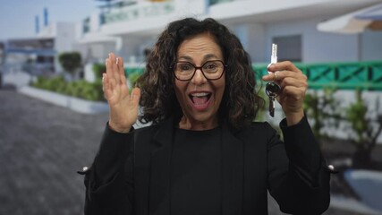 Smiling middle-aged hispanic woman holds house keys outdoors, indicating excitement and achievement in a residential setting.
