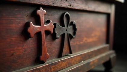 Everyday Objects with Subtle Cross Motifs A weathered wooden carving on an old rustic chest, where the grain and carved lines naturally suggest a cross shape, soft ambient light, detailed texture,