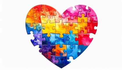 Heart-shaped puzzle illustration featuring vibrant watercolor art and connected segments.