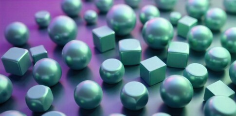 Floating Abstract Marbles and Cubes in a Gradient Void Smooth, perfectly spherical marbles in a variety of jewel tones (sapphire, ruby, emerald) and sharp edged geometric cubes in metallic silver and