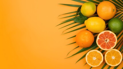 Vibrant arrangement of assorted citrus fruits placed over lush green palm leaves on a bright yellow surface, creating a refreshing tropical summer composition ideal for food, wellness, and exotic them