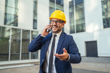Architect or engineer in hard hat making phone call