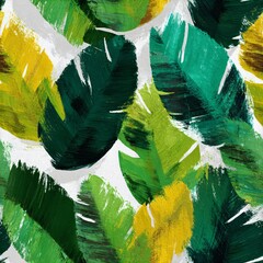 Naklejka premium Green and yellow brushstroke leaves seamless pattern, painted tropical foliage for textile, wallpaper, and fabric printing abstract design.