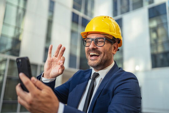 Engineer man making video call from a construction site
