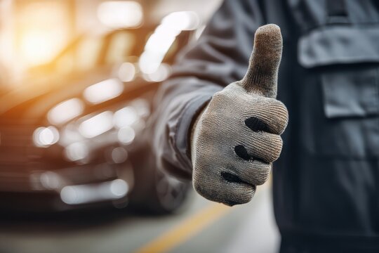 Mechanic Giving Thumbs Up With Work Glove &ndash; Auto Service Approval Concept
