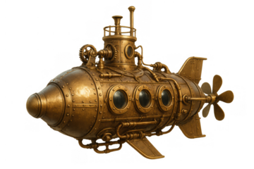 Steampunk style golden submarine with portholes, propeller, and intricate brass details, isolated on transparent background