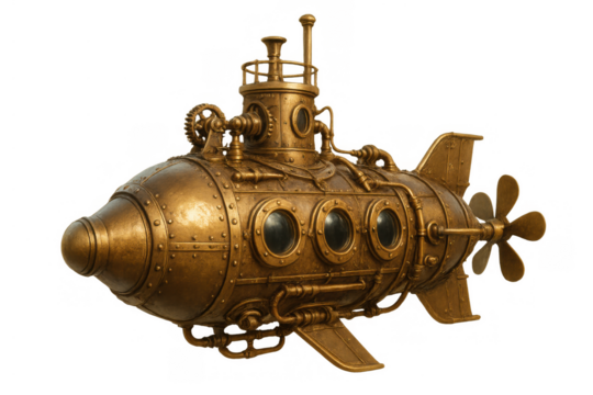 Steampunk style golden submarine with portholes, propeller, and intricate brass details, isolated on transparent background - Powered by Adobe