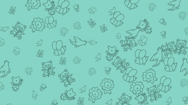 Cute hand-drawn animal illustrations in a seamless pattern. Features charming bears, busy bees, playful lions, and chirping birds