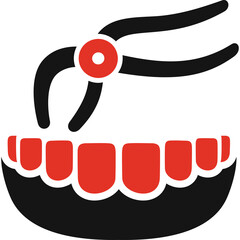 Dental Extraction Icon Symbolizing Tooth Removal Procedure With Forceps And Jaw Model In Black And Red Color Palette On Transparent Background