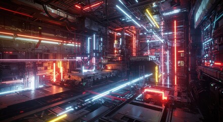 Neon-lit futuristic industrial corridor with intricate machinery and glowing lights