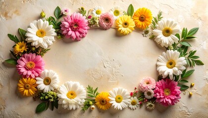 Floral arrangement with daisies and gerberas arranged in a circle for a background