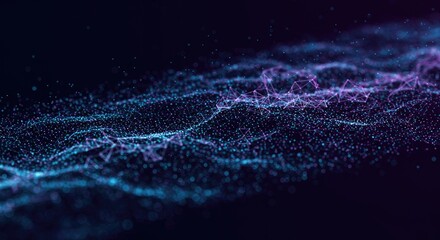 Wavy pattern of luminous blue and pink particles forming abstract digital network